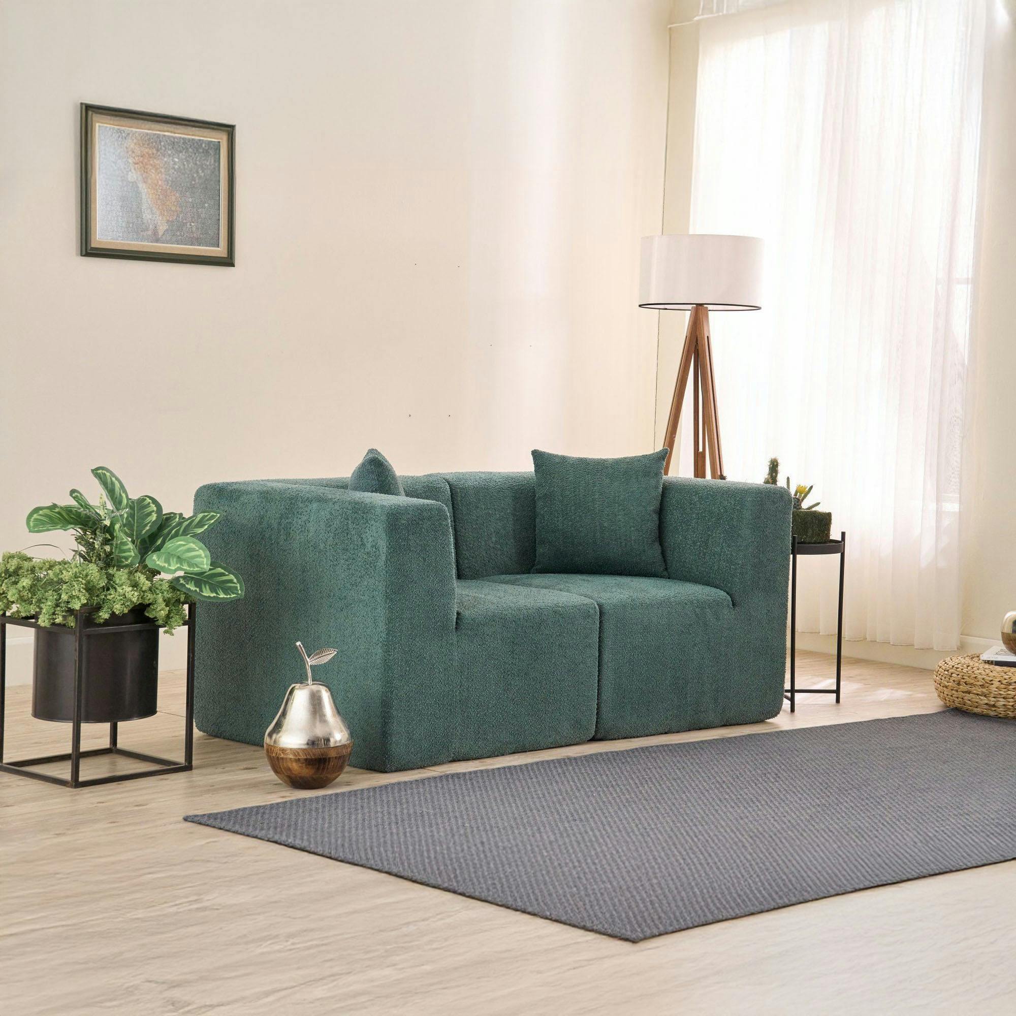 Canapé 2 places compact vert tissu chenille PLOVIA