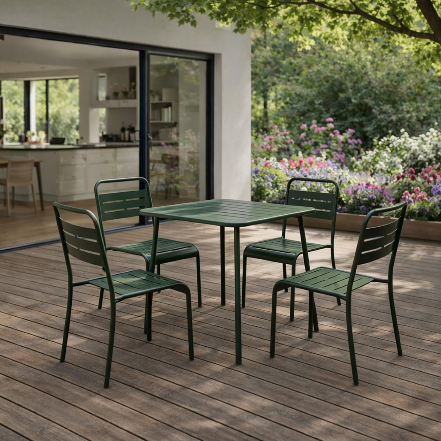 Ensemble table de jardin carrée 70cm et 4 chaises vert EVORA