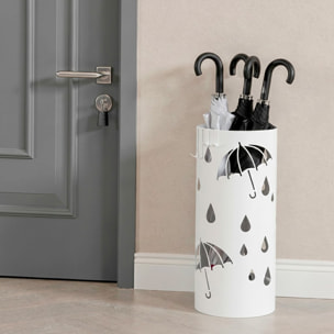 Portaombrelli Rotondo In Acciaio Zincato Con Vaschetta Scolapioggia E 4 Ganci Removibili Base Antiscivolo Design Moderno Ingresso 41 x 17 Cm Bianco