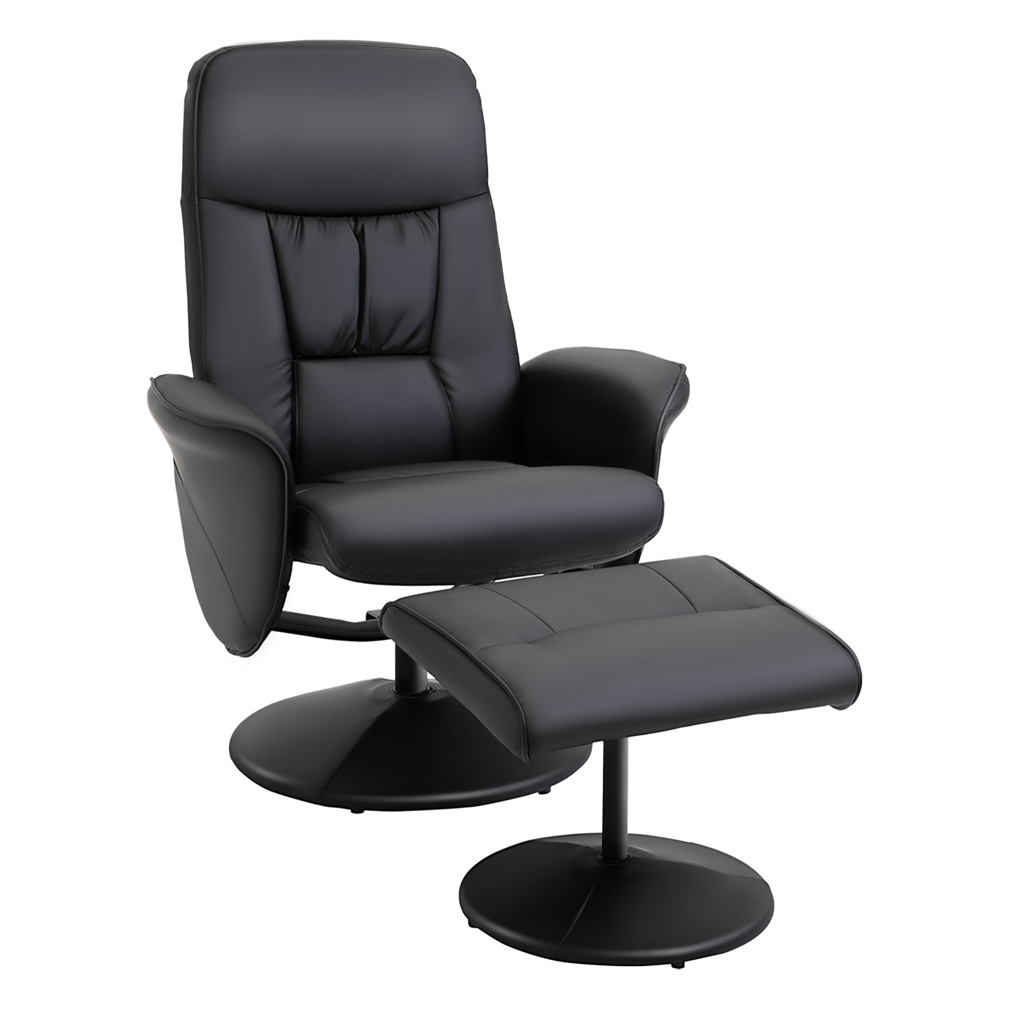 HOMCOM Sillón de Salón con Otomana Reposapiés Tapizado en PU Sillón Relax Reclinable hasta 145° y Giratorio 360° con Respaldo Ajustable para Salón Dormitorio Oficina 81x81x105 cm Negro