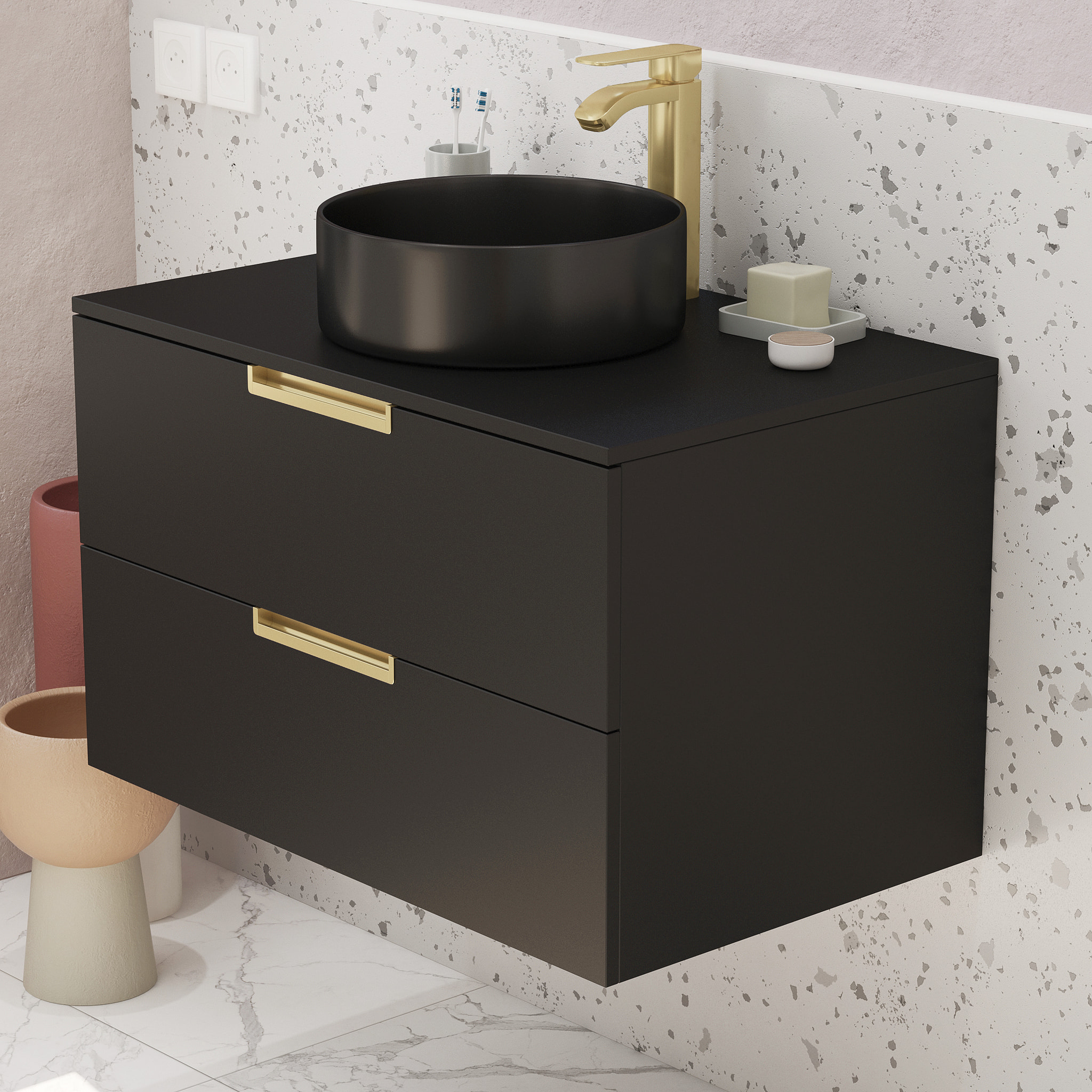 Meuble Salle de Bains 80 cm Laqué Noir Mat et Or Doré - 2 Tiroirs - Vasque Ronde à Poser Noire