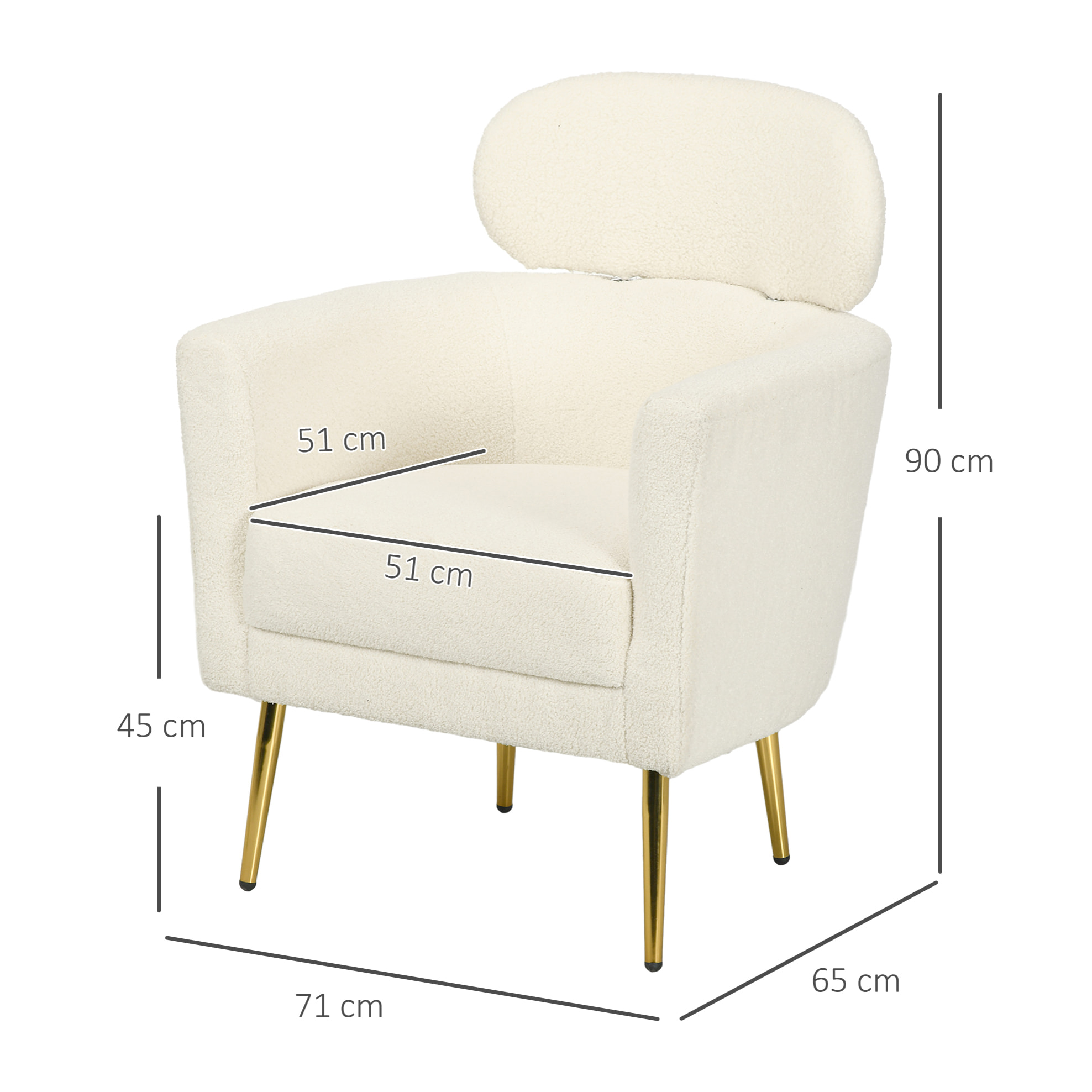 Butaca de Salón Sillón Individual Silla de Ocio Tapizado en Vellón con Reposacabezas y Patas de Metal para Dormitorio Oficina Habitación Carga 125 kg Crema