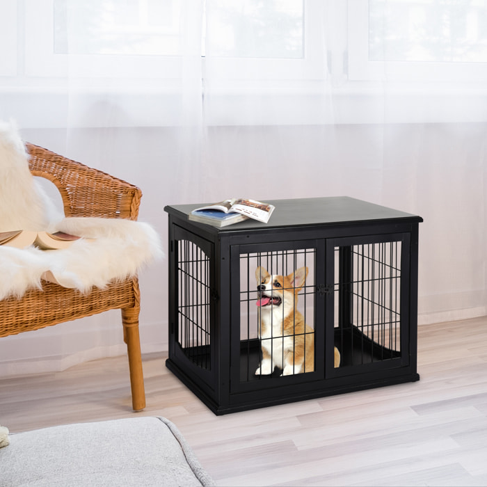 Cage pour chien animaux cage en bois MDF classe E1 3 portes verrouillables max. 30 Kg dim. 81L x 58l x 66H cm noir