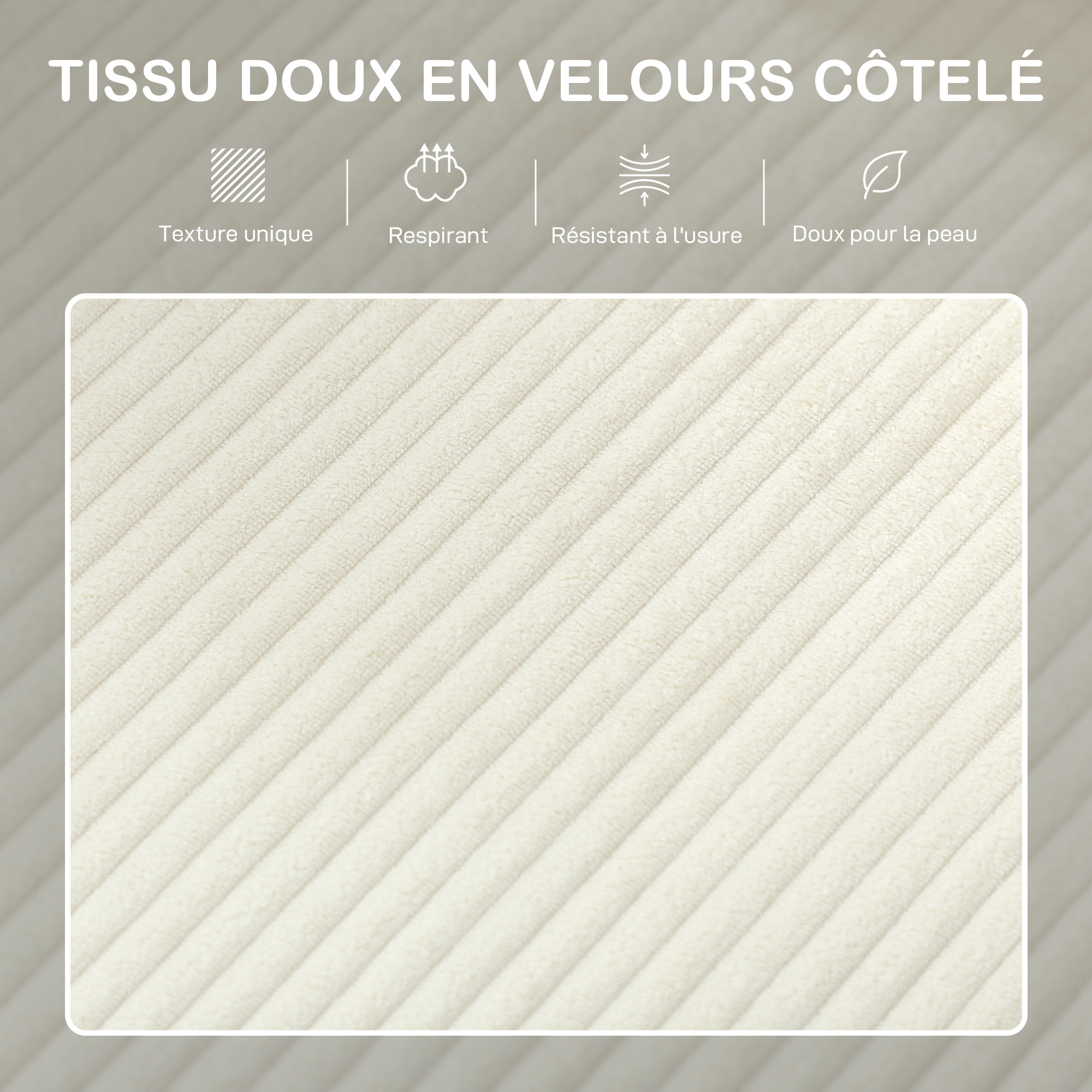 Canapé 3 places velours côtelé style nordique coussins déhoussables beige clair