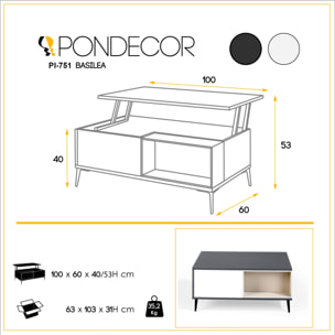 Mesa de centro elevable BASILEA - antracita, blanco polar y visón - 100x60x37cm