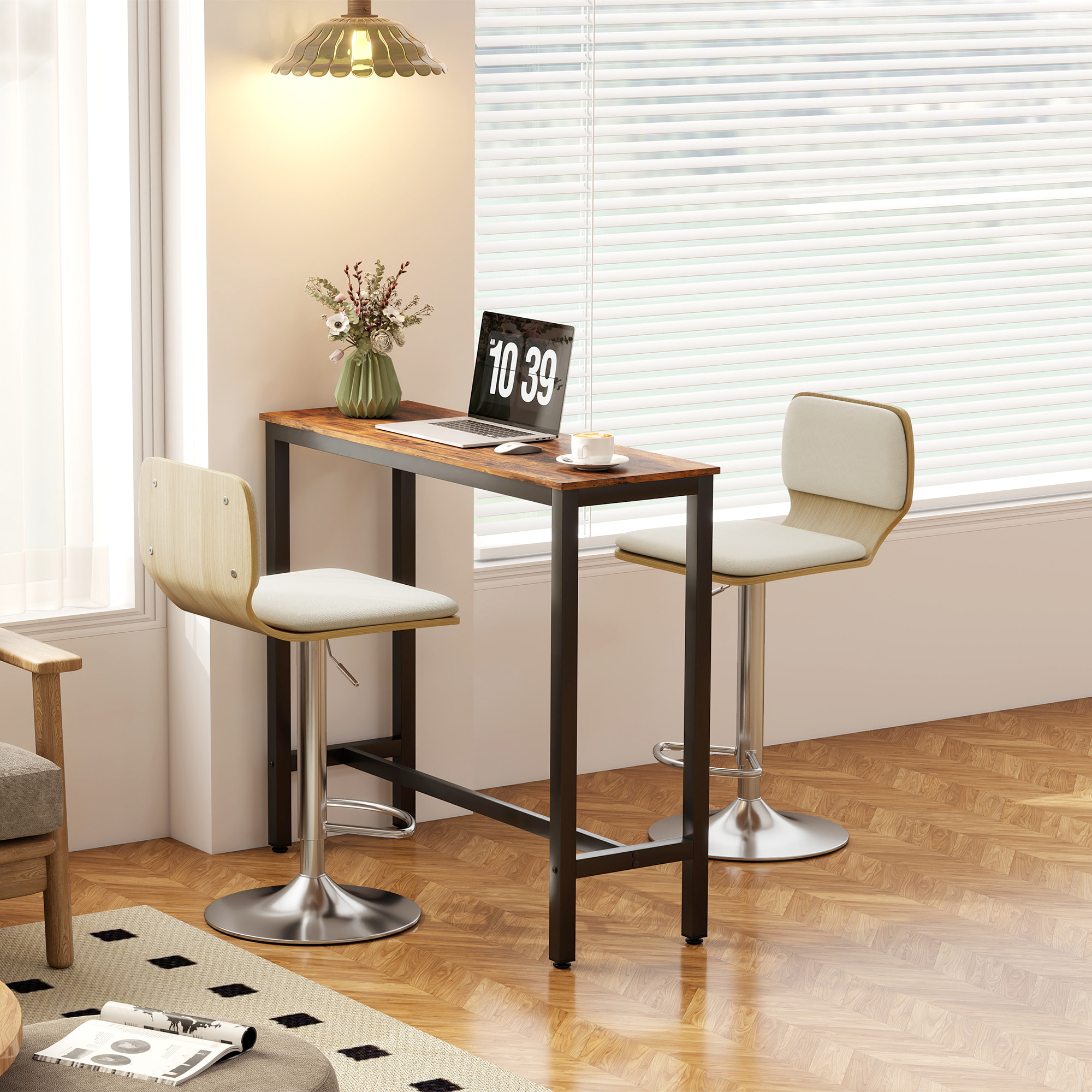 Juego de 2 Taburetes Altos de Cocina Giratorios en 360°, Taburetes de Bar Regulables en Altura de 81-102 cm, Tapizados en Lino, Reposapiés, para Comedor, Mostrador, Beige