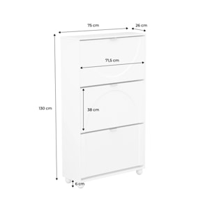 Meuble à chaussures MAEVE blanc 3 portes façade en relief arrondi. 18 paires de chaussures. 75 x 26 x 130 cm. poignée en métal. pied boule en bois de pin. contemporain.