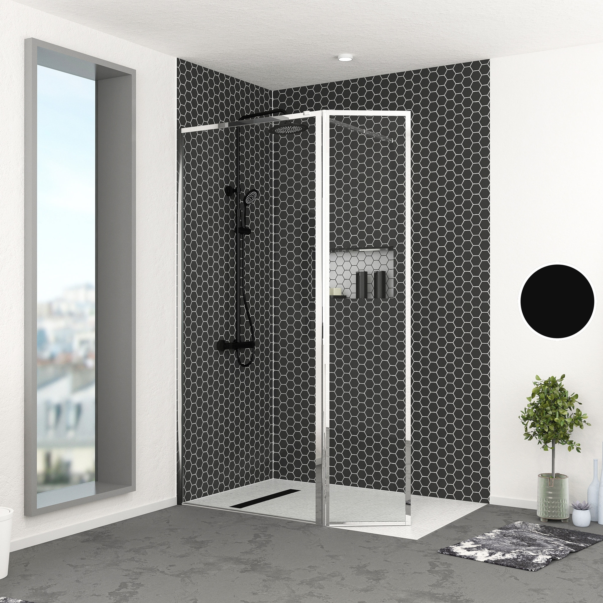 Paroi de Douche avec Volet Pivotant 90+40x200cm - Finition Chromée - CHROMED CONTOURING
