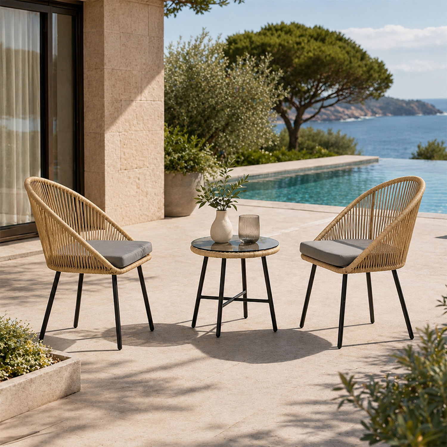 Ensemble de jardin 2 fauteuils et table basse effet rotin naturel PAULO