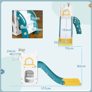 Tobogán Infantil 4 en 1, Tobogán para Niños de 1-3 Años con Aro de Baloncesto, Telescopio, Escalador y Cesta Inferior, para Interior y Exterior, Amarillo y Verde