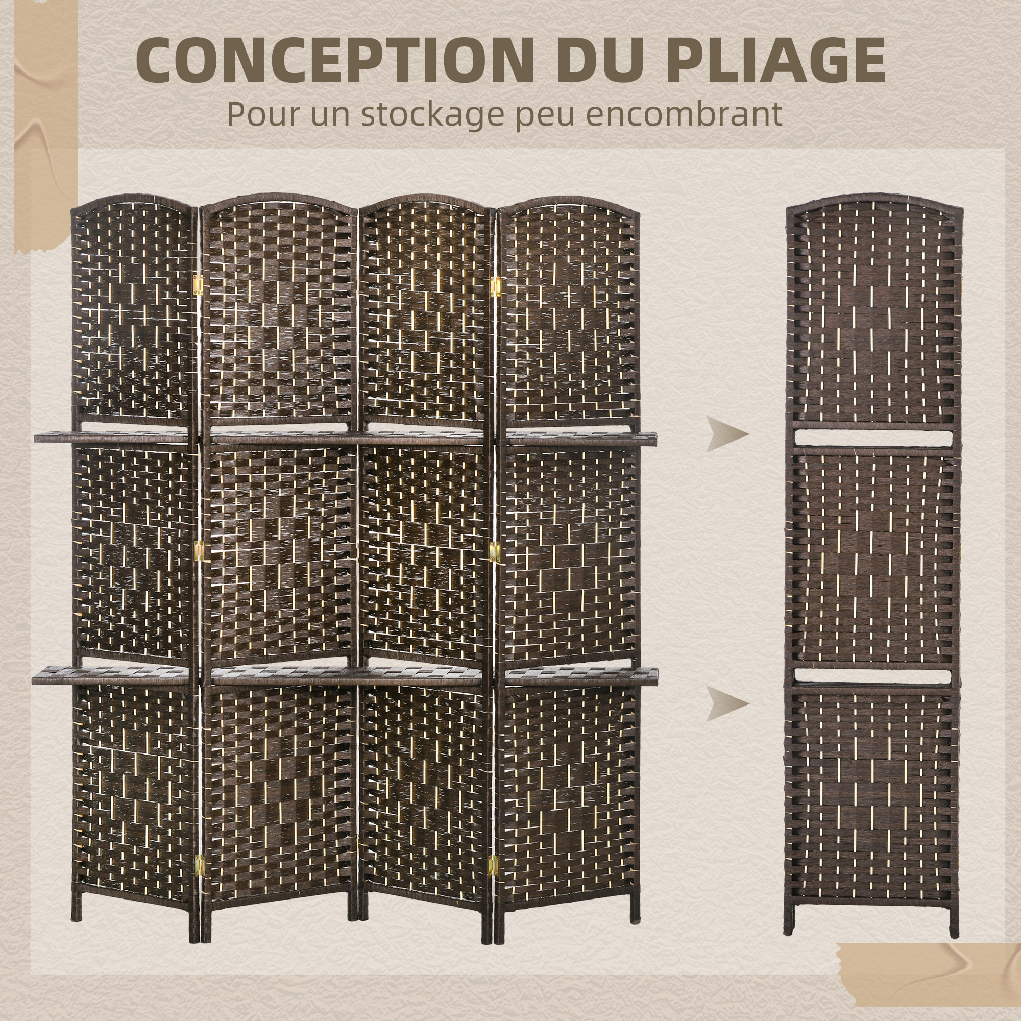 Paravent séparateur de pièce 4 panneaux pliables dim. 160L x 170H cm - 2 étagères - bois fibre papier brun