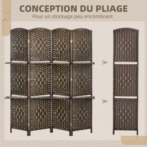 Paravent séparateur de pièce 4 panneaux pliables dim. 160L x 170H cm - 2 étagères - bois fibre papier brun