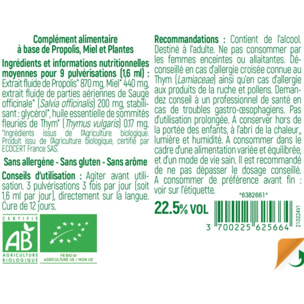 NUTRI EXPERT - Propolis BIO - Défenses naturelles & apaisement des voies respiratoires - Miel, Sauge, Thym - Maux du quotidien - Sans arôme ni allergène - Usage quotidien - Spray 20ml