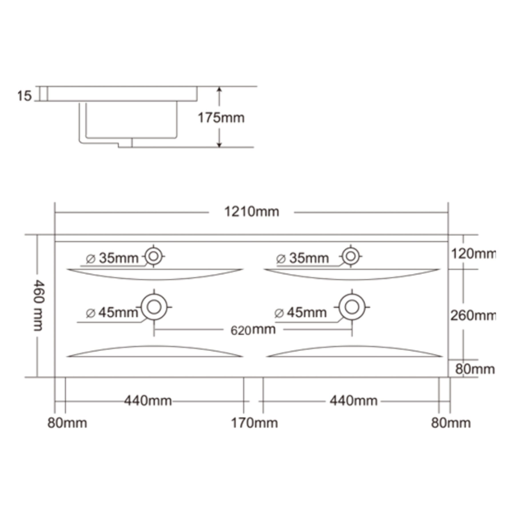 Modena 121x46 cm double vasque en céramique, 2 trous pour robinetterie, blanc (M2N12046)