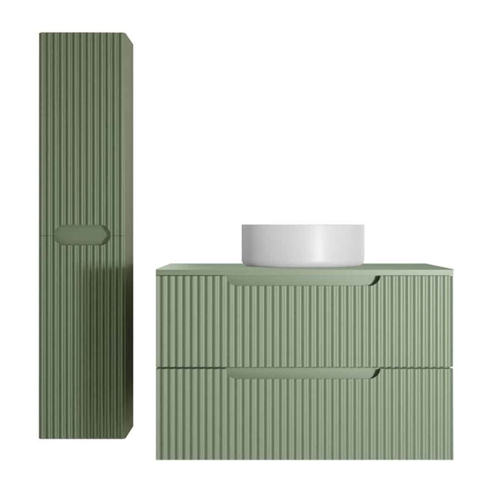 Meuble et colonne de Salle de Bains LEON 80cm Vert Olive - Façades Ondulées - Vasque Ronde 36cm
