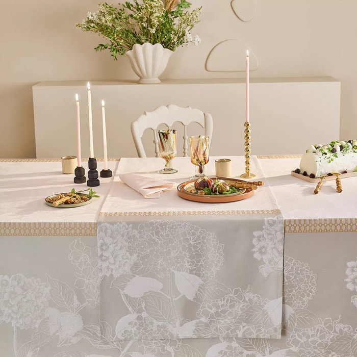 Chemin de table pur coton motif jacquard beige Mille hortensias naturel