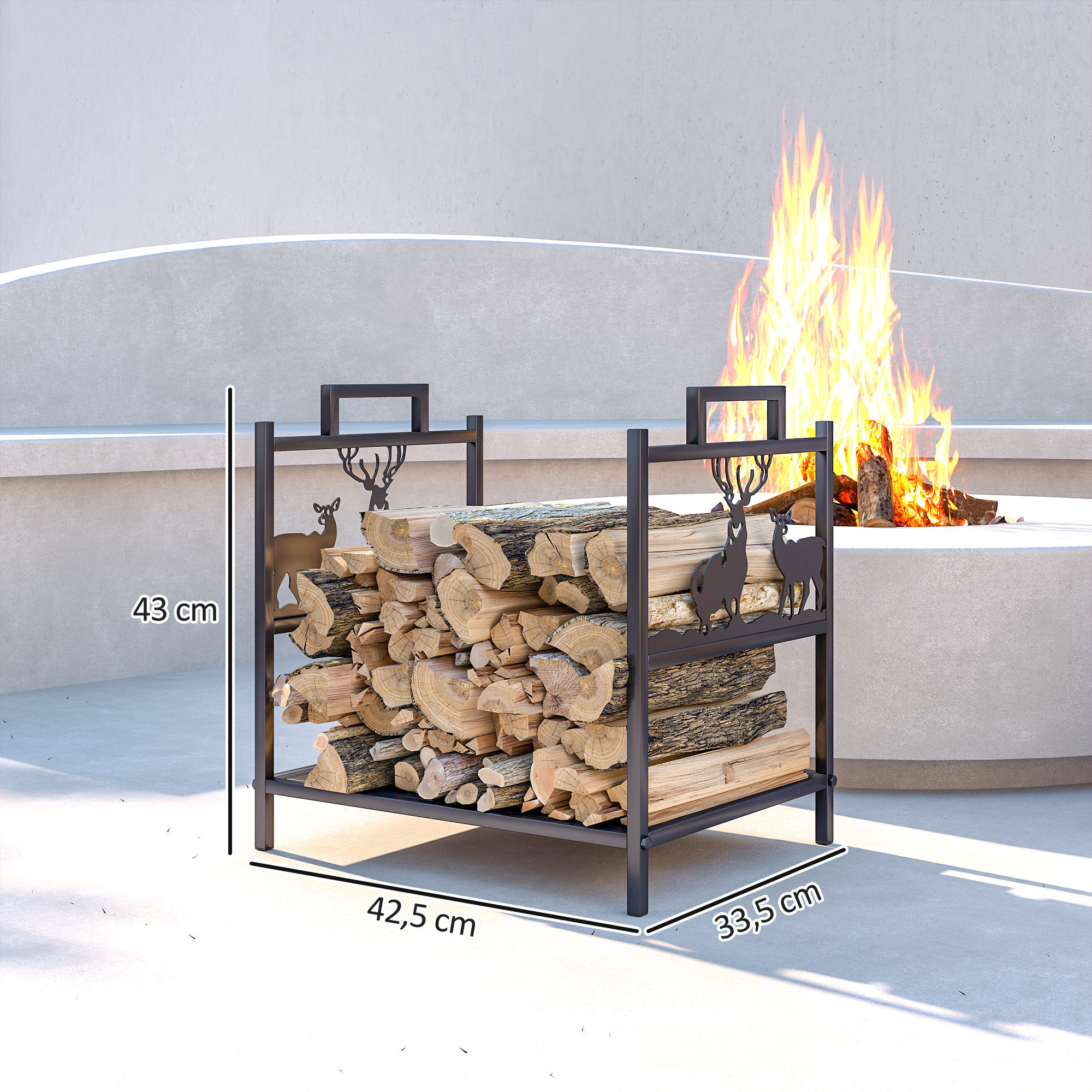 Outsunny Estante de Leña Metálico, 42,5x33,5x43 cm, Leñero Exterior Decorativo Resistente con Asas, Soporte de Madera para Chimenea, para Jardín, Terraza