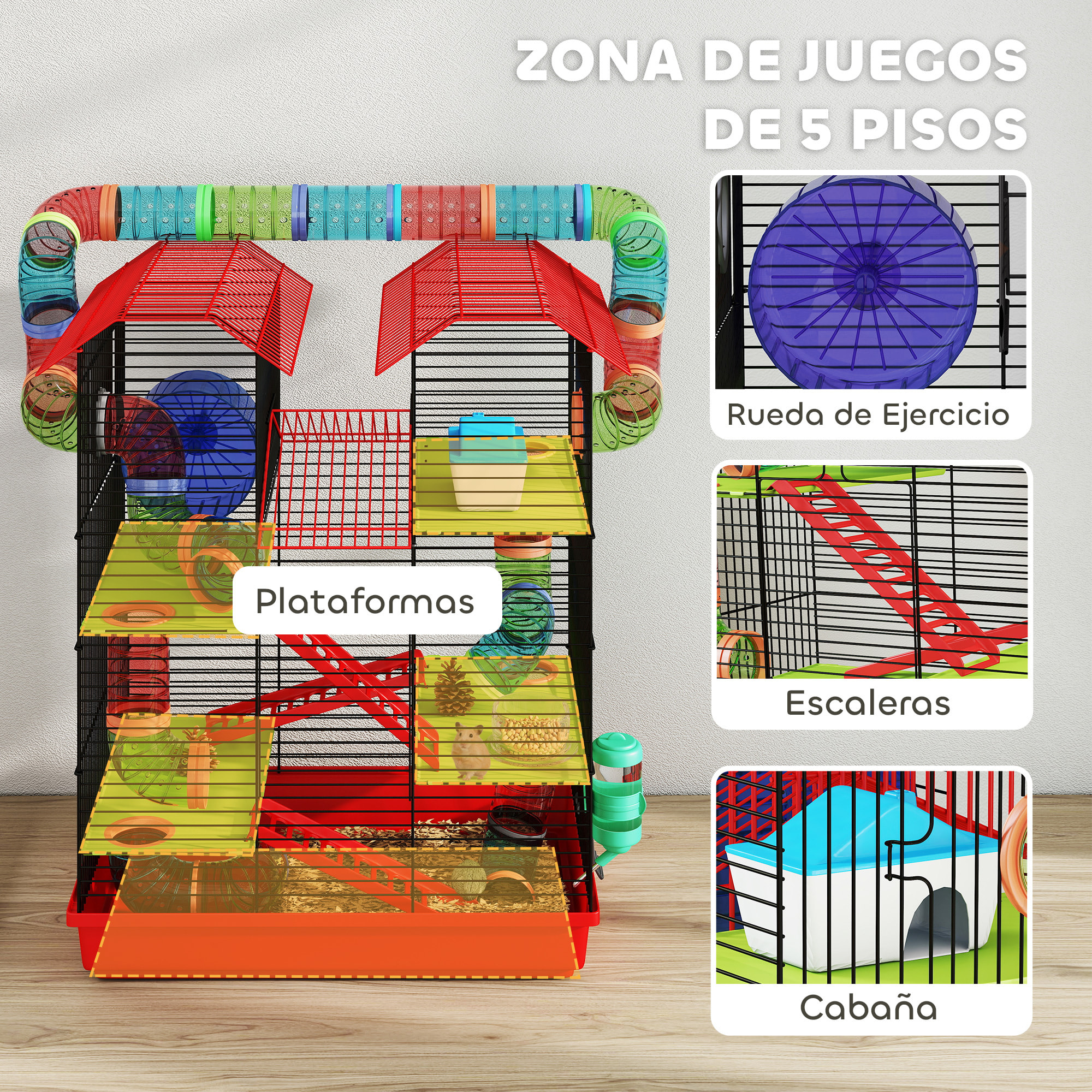 Jaula para Hámster de 5 Niveles, 47x30x59 cm, Casa para Animales Pequeños con Túnel, Comedero, Bebedero, Casita, Rueda de Ejercicio, Escaleras, para Ratas y Jerbos, Rojo