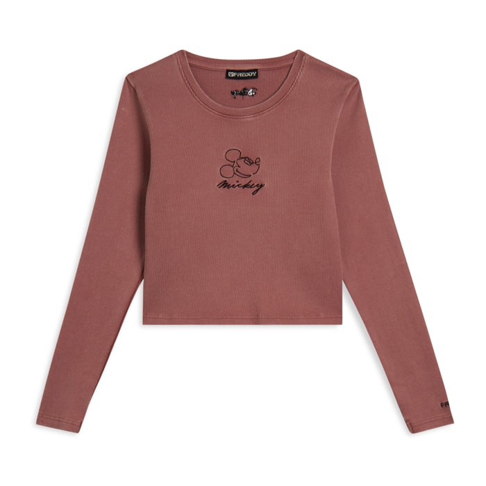 T-shirt cropped da donna a manica lunga con ricami Disney