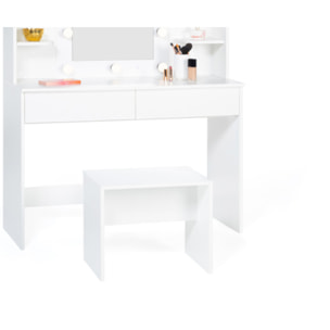 Coiffeuse Zélia blanche avec étagères, miroir LED + tabouret