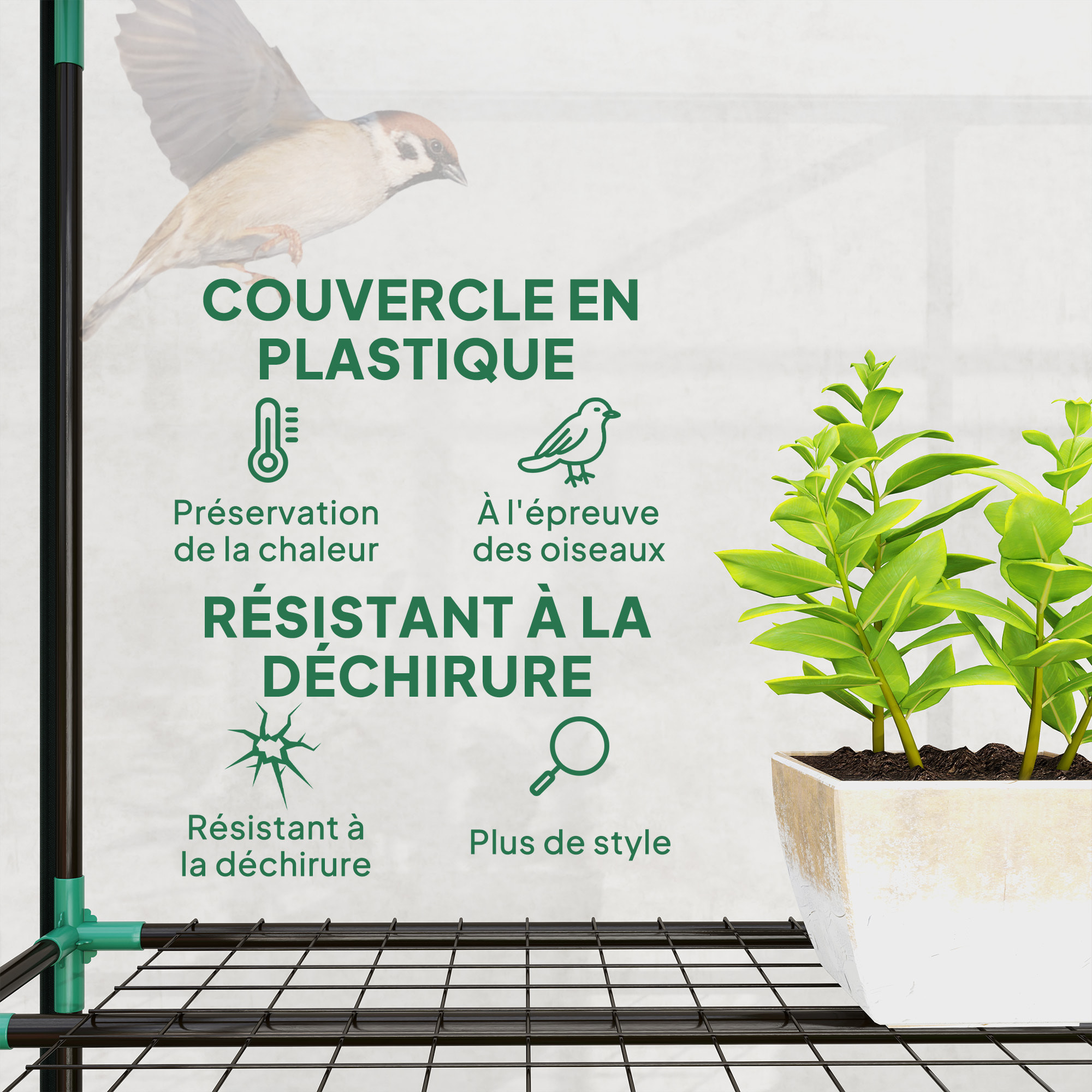 Serre de jardin balcon avec étagères métalliques 3 niveaux 3 portes acier noir PVC transparent