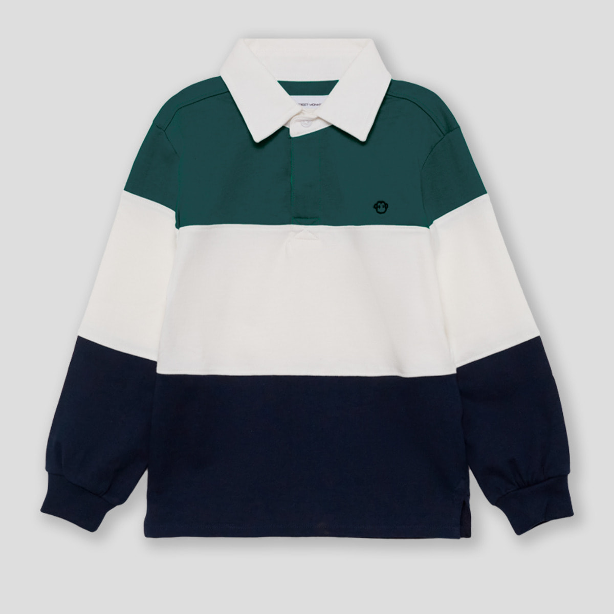 Polo niño de manga larga azul, blanco y marino de franjas anchas, cuello clásico y botones ocultos | Color: Petroleo | Street Monkey