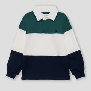 Polo niño de manga larga azul, blanco y marino de franjas anchas, cuello clásico y botones ocultos | Color: Petroleo | Street Monkey