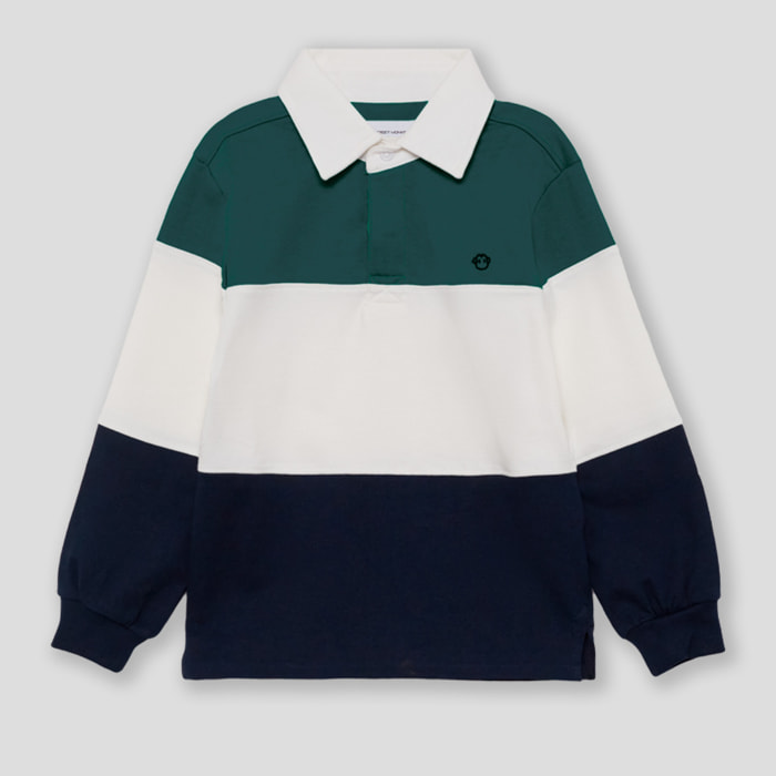 Polo niño de manga larga azul, blanco y marino de franjas anchas, cuello clásico y botones ocultos | Color: Petroleo | Street Monkey