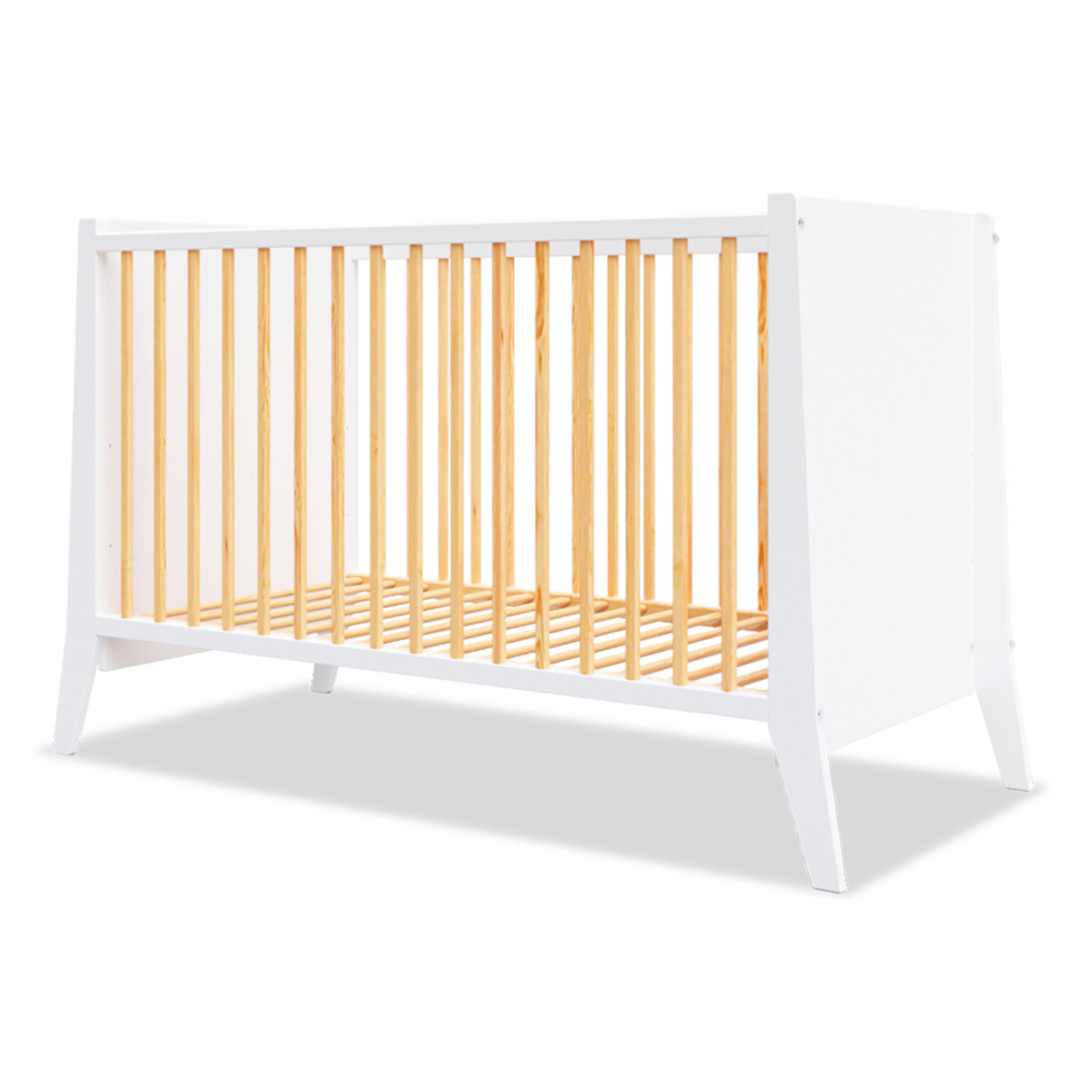 Lit Evolutif Timéo à barreaux 60 x 120 cm, Couleur Blanc & Bois, En Bois, 3 Hauteurs, Barreaux amovibles