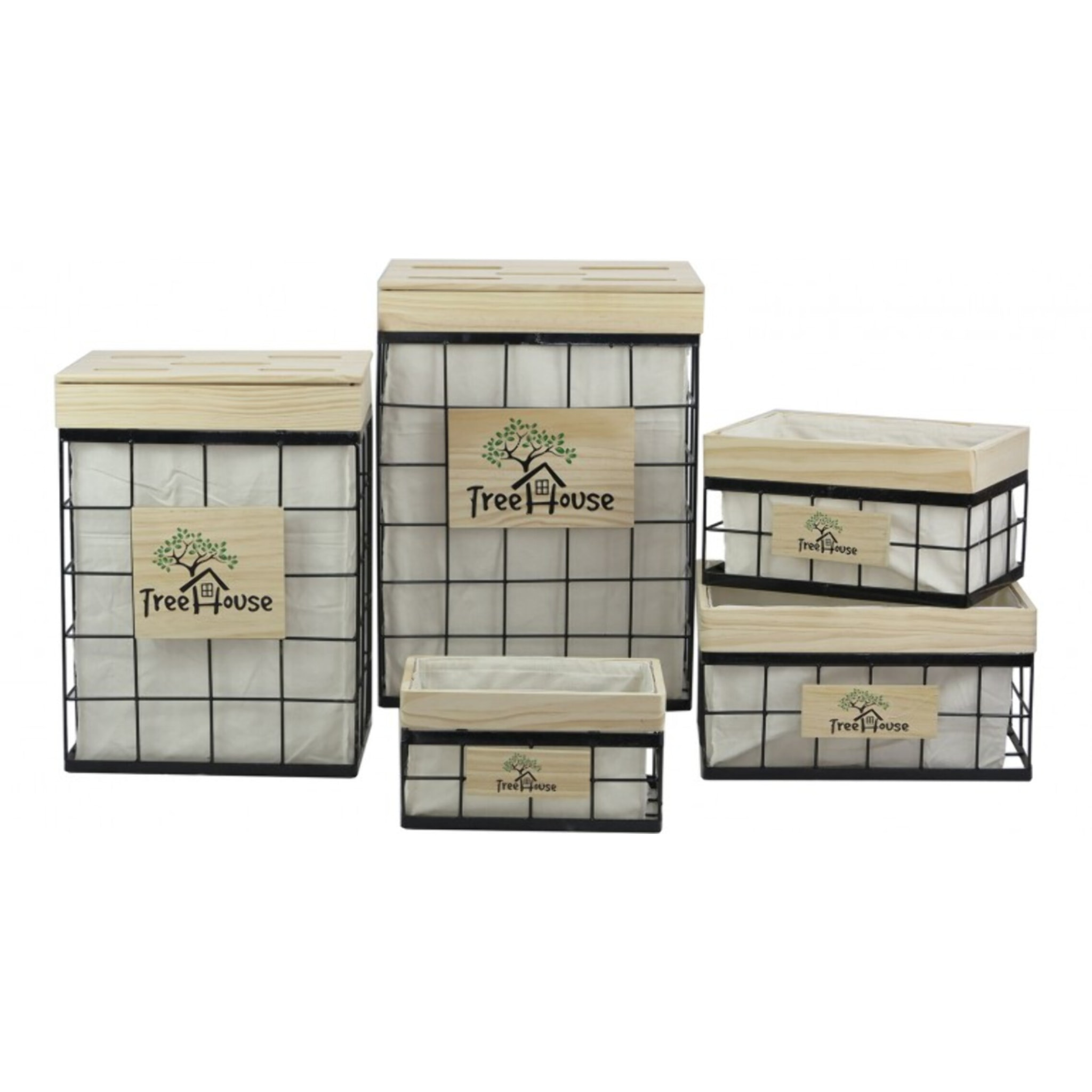 Corbeille rectangulaire fil de fer noir et bois - TREEZ