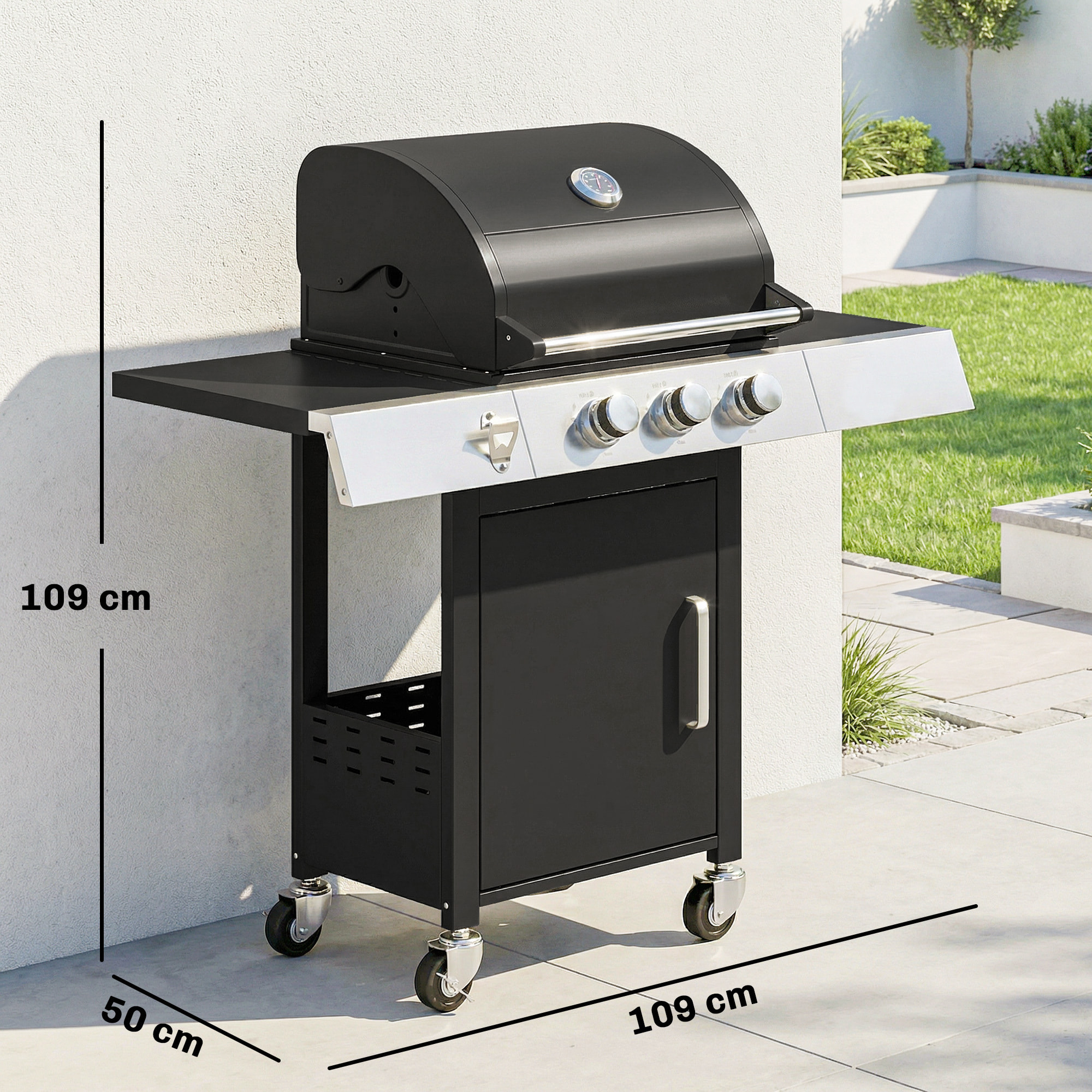 Barbacoa de Gas BBQ Gas con 3 Quemadores 8,1 kW Barbacoa Portátil con Termómetro Mesas Laterales Armario Rejilla Calentadora Parrillas de Hierro Fundido Recogedor Grasa y 4 Ruedas Negro