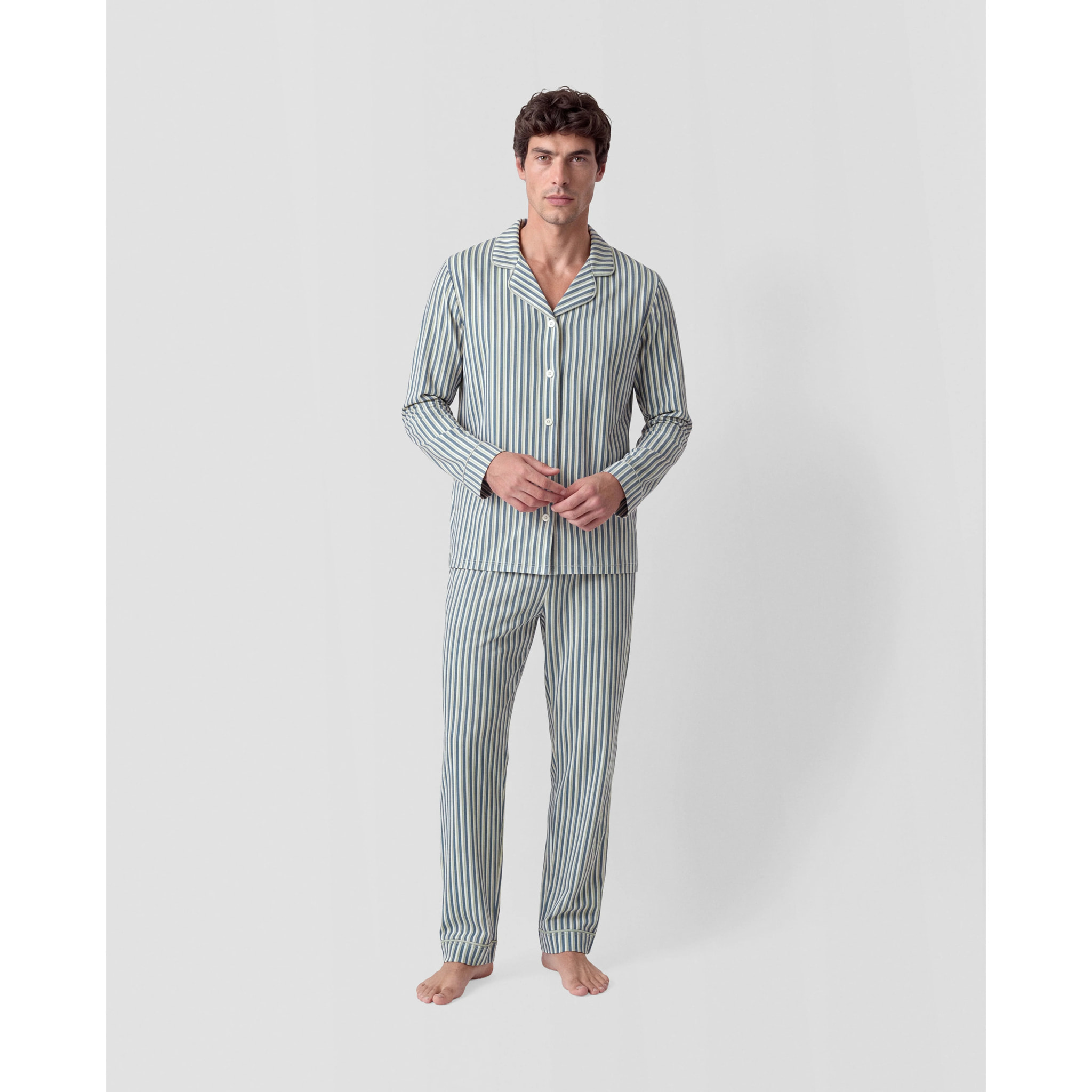 Pijama largo camisero algodón raya mare verde azul