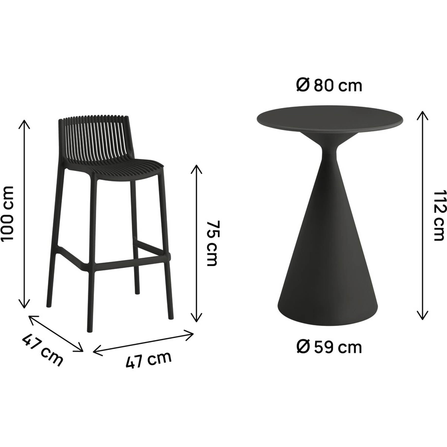 Table et chaises hautes de bistrot empilables "Néora" - 2 places - Noir