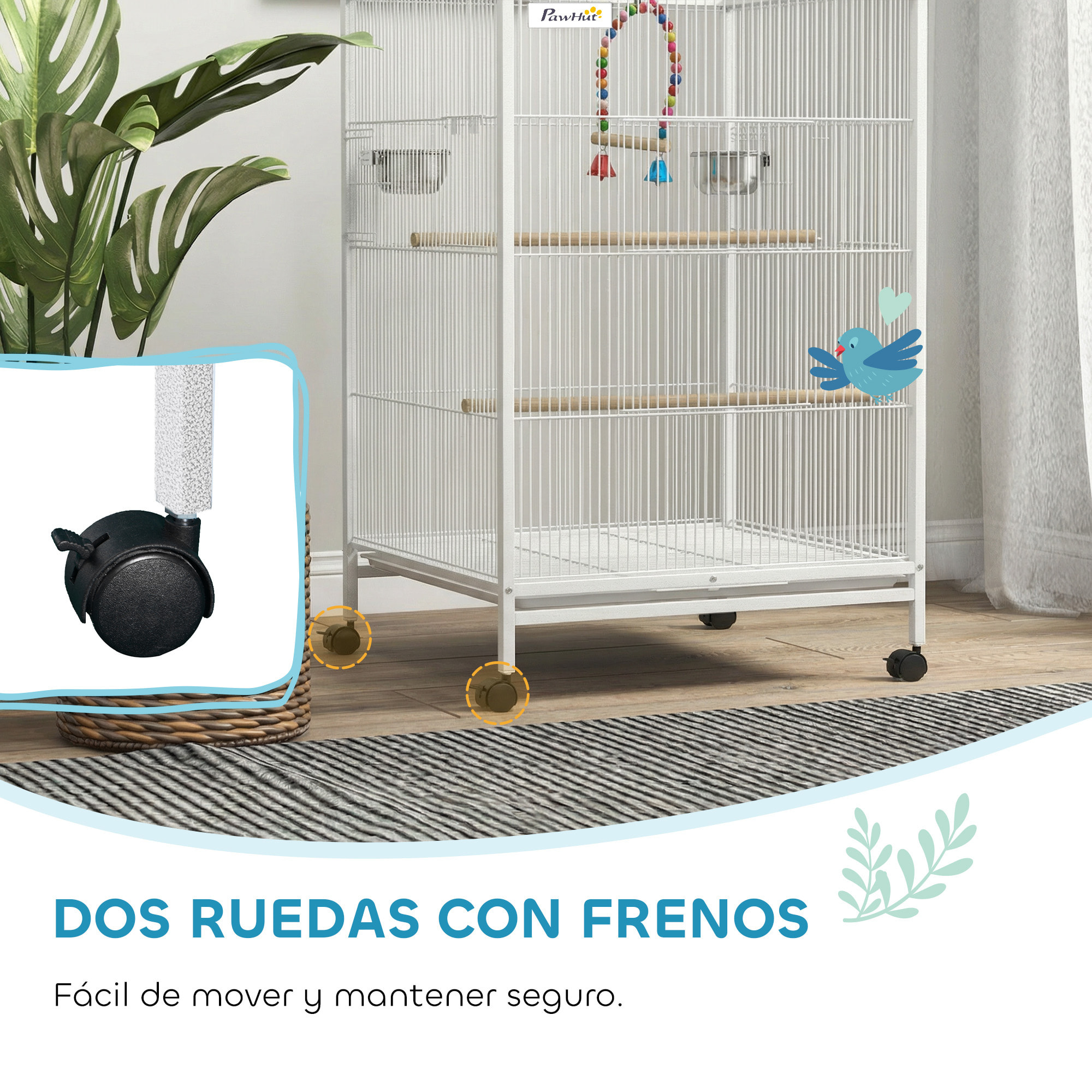 Jaula para Pájaros con Ruedas, Pajarera de Acero con Perchas, Columpio Bandeja Extraíble y Cuencos de Acero Inoxidable, Jaula Grande para Loros, Canario, Periquito, 48x46x78 cm, Blanco