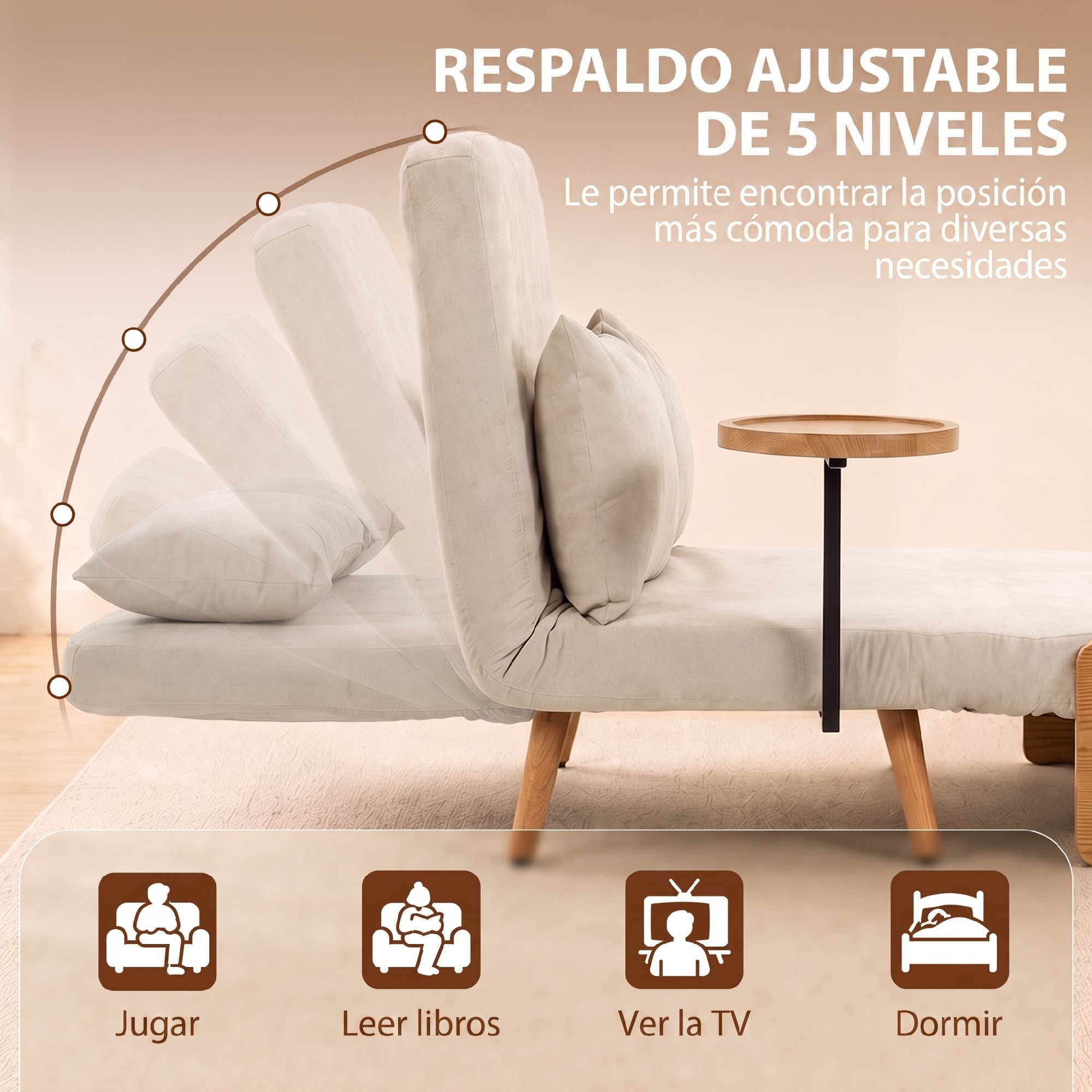 Sofá Cama 2 Plazas Convertible, 3 en 1, Sofá Cama Plegable, Tapizado Chenilla, Respaldo Ajustable, Mesa Lateral de Madera, 2 Almohadas con Funda Lavable, para Salón, 131x78x82 cm, Blanco Crema