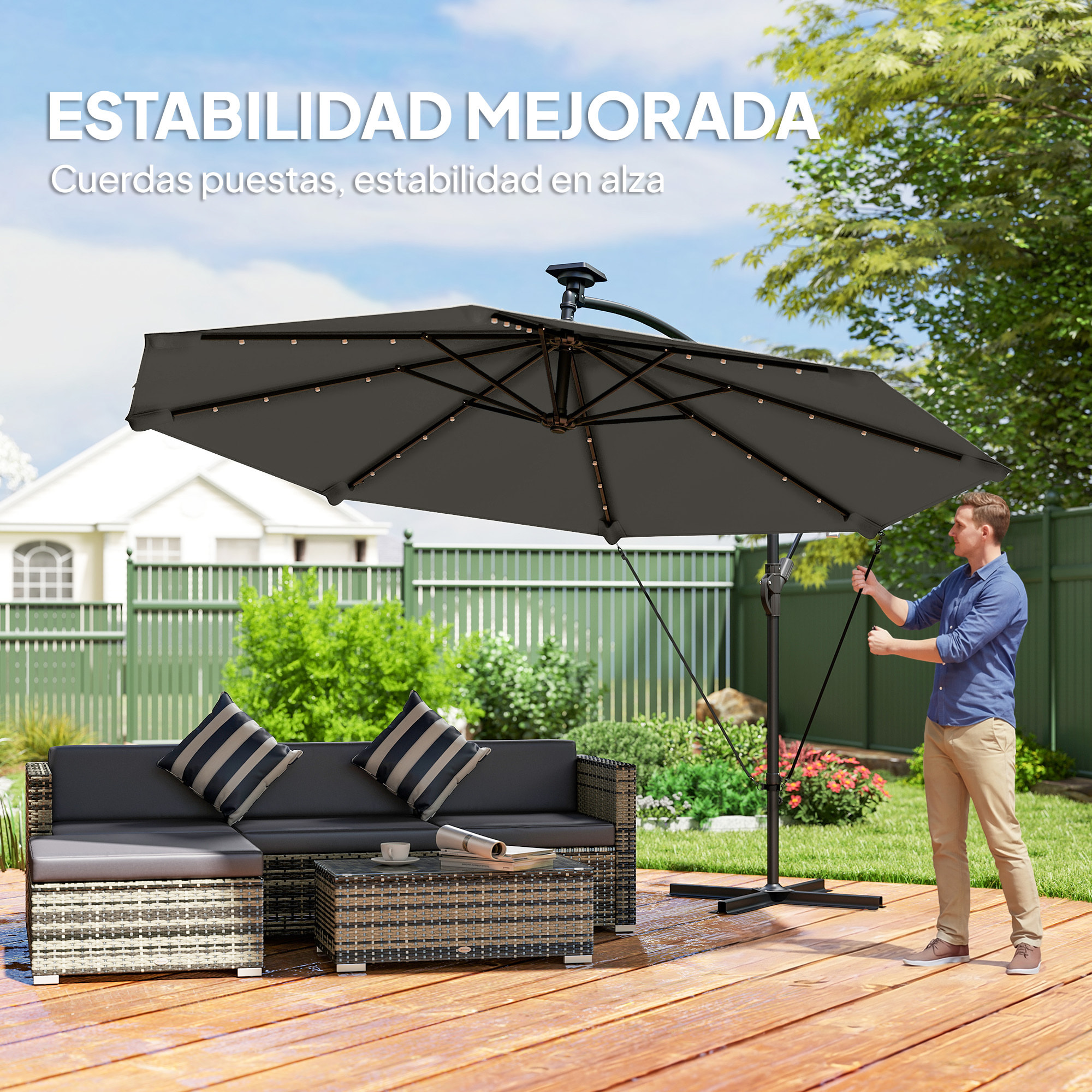 Parasol Excéntrico con Luces LED Solares, Ø345 cm, Sombrilla de Jardín de Aluminio con Base Cruzada, Manivela, Funda Protectora, Cuerdas de Viento, UPF50+, para Terraza, Patio, Gris Oscuro