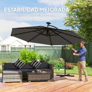 Parasol Excéntrico con Luces LED Solares, Ø345 cm, Sombrilla de Jardín de Aluminio con Base Cruzada, Manivela, Funda Protectora, Cuerdas de Viento, UPF50+, para Terraza, Patio, Gris Oscuro