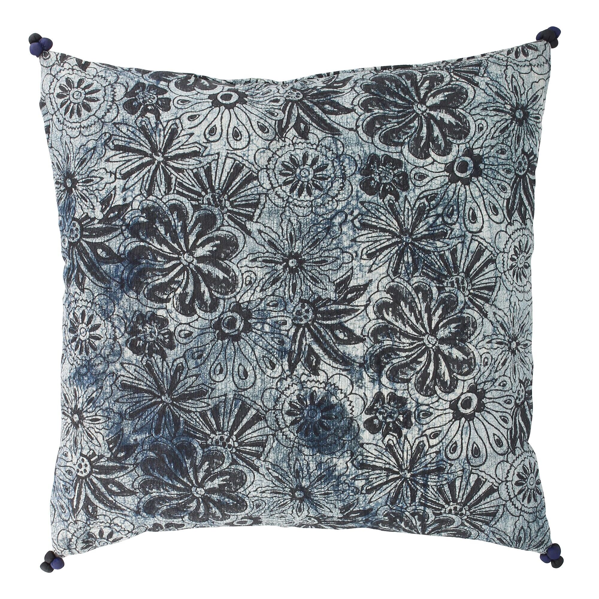 Coussin en coton bleu et noir avec pompons 45cm MELTING