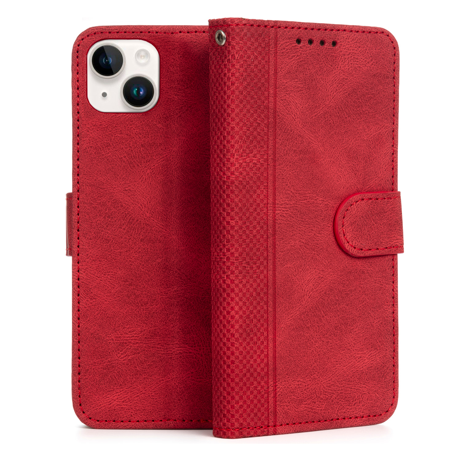 Custodia in pelle antiurto a libro per iPhone 14 Plus. Portacarte interno, cinturino da polso removibile.