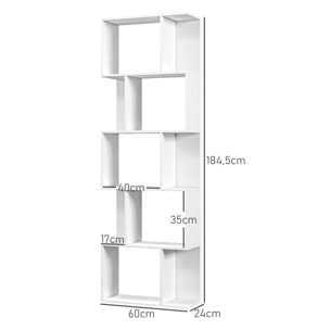 Bibliothèque étagère meuble de rangement design contemporain en S 5 étagères 60L x 24l x 185H cm blanc