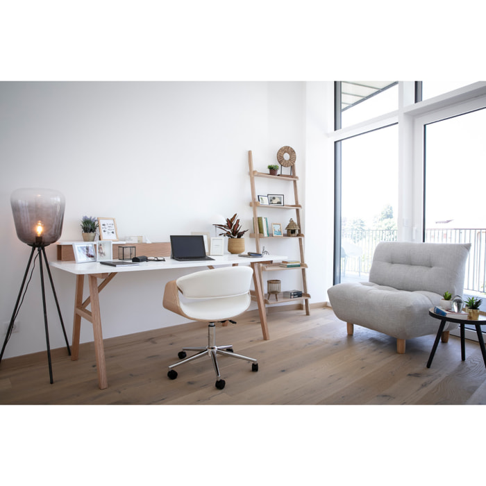 Chaise de bureau à roulettes design blanc, bois clair et acier chromé ARAMIS