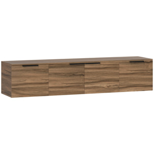 Meuble TV suspendu flottant design effet bois de noyer 4 portes 2 étagères dim. 150 x 35 x 32 cm