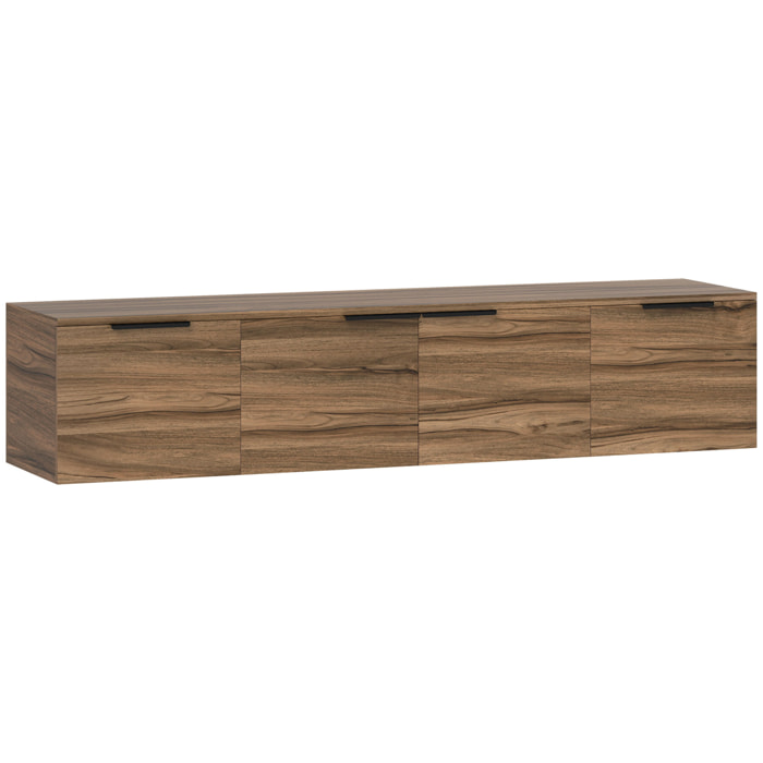 Meuble TV suspendu flottant design effet bois de noyer 4 portes 2 étagères dim. 150 x 35 x 32 cm