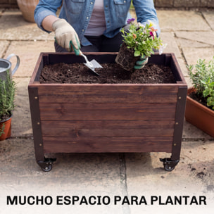 Jardinera Exterior de Madera con Ruedas, Huerto Urbano Elevado con Orificio de Drenaje y Tela no Tejida, Macetero Exterior Rectangular para Jardín, Terraza, 60x30x41 cm, Marrón Oscuro