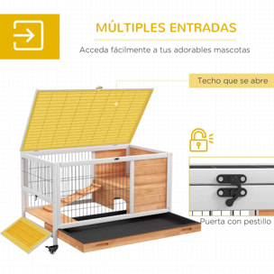 Jaula para Conejos de Madera Conejera para Mascotas Pequeñas Portátil Interior con Techo Abrible Rampa Bandeja Extraíble para Conejillos de Indias 90x53x59 cm Natural y Blanco