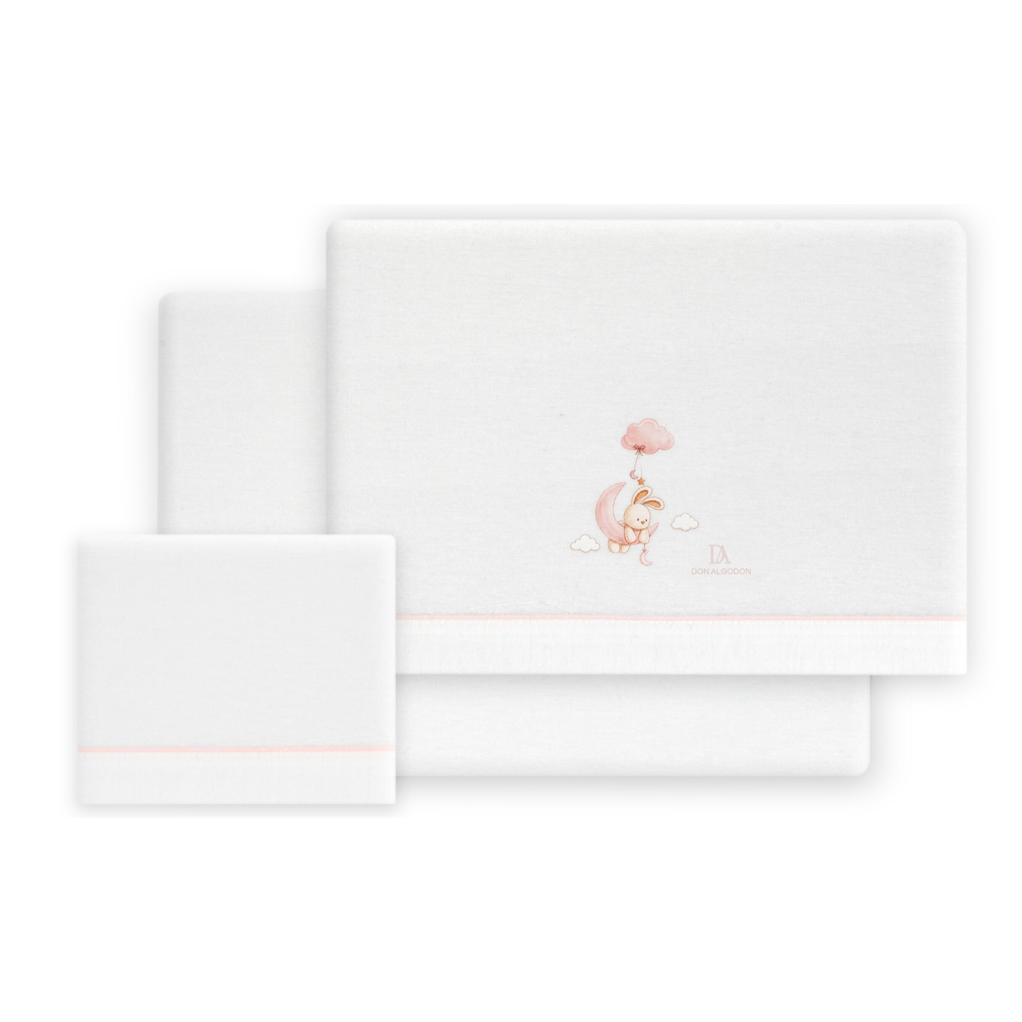 Triptico Cuna Franela Don Algodon Conejo Nubes Bco/Rosa