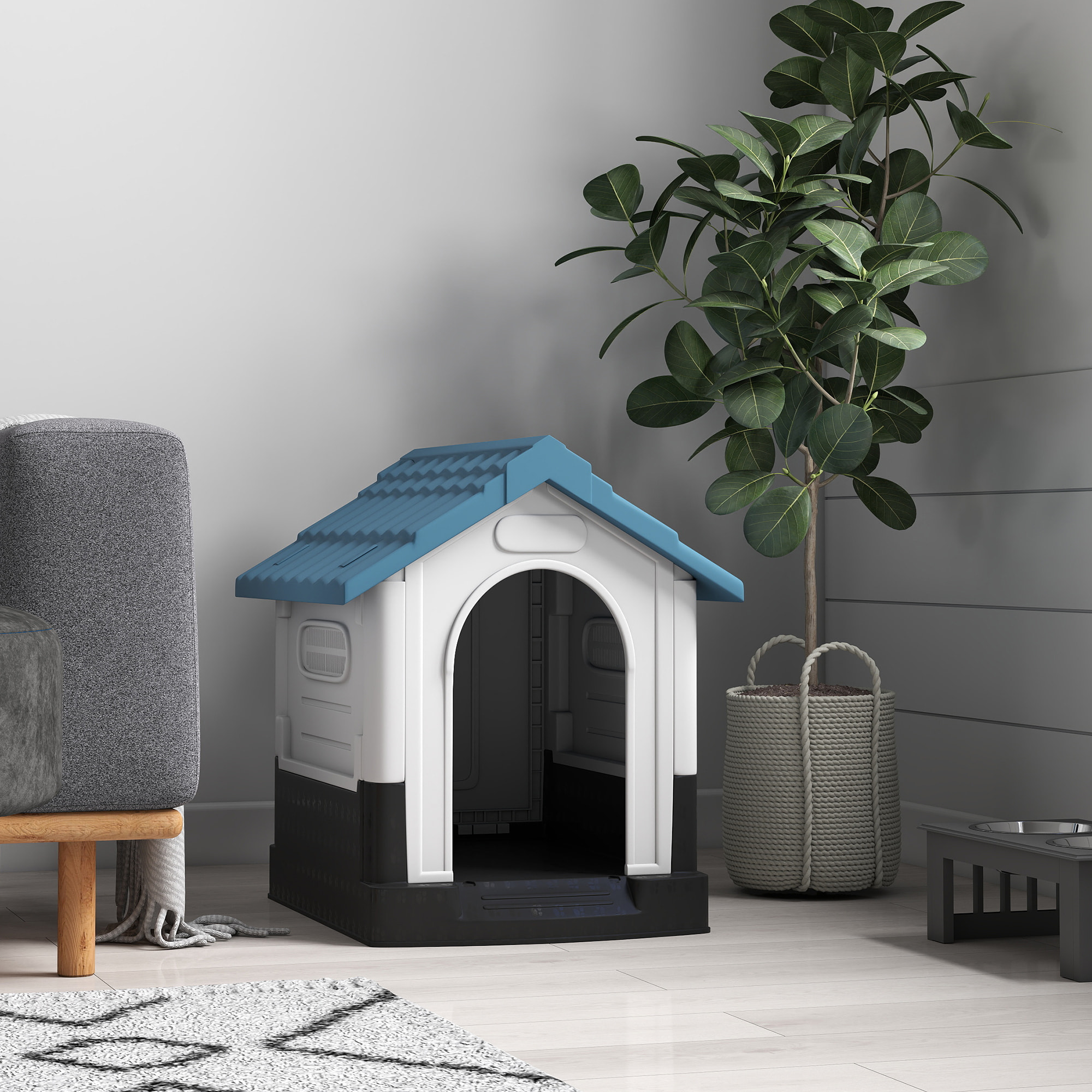 Caseta para Perros Mini para Exterior, Casa para Perros de Plástico con 3 Ventanas, Base Elevada, Techo de Tejas de Imitación, 64,5x57x66 cm, Azul