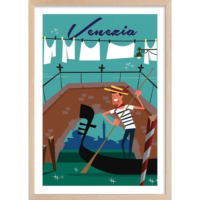 Affiche Gondole à Venise Affiche + cadre en bois - Chêne