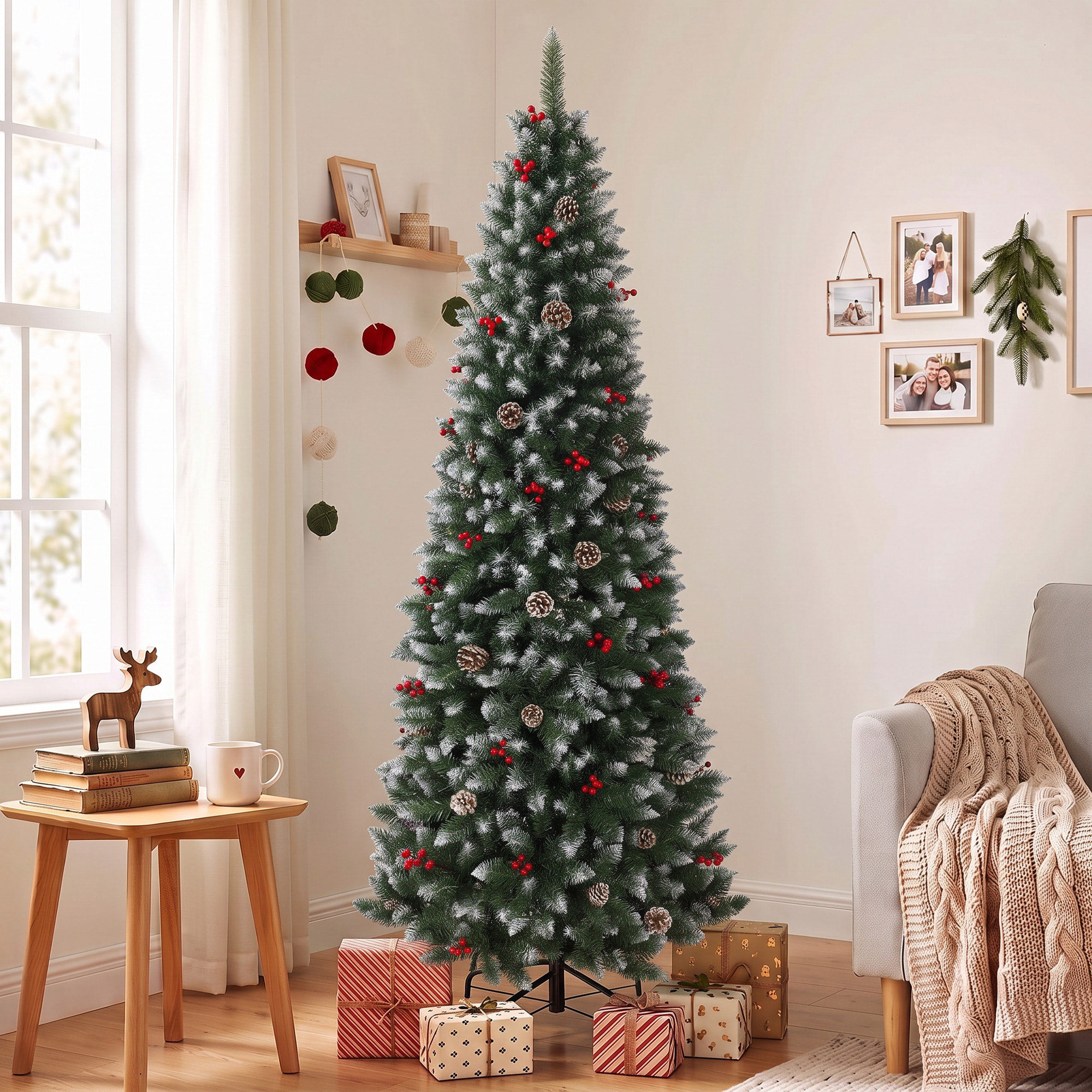 HOMCOM Árbol de Navidad Lápiz 210 cm, Árbol de Navidad Artificial Nevado con 818 Ramas, Bayas Rojas, Piñas, Base Metálica Plegable, Apertura Automática, Decoración Navideña para Salón, Interior, Verde