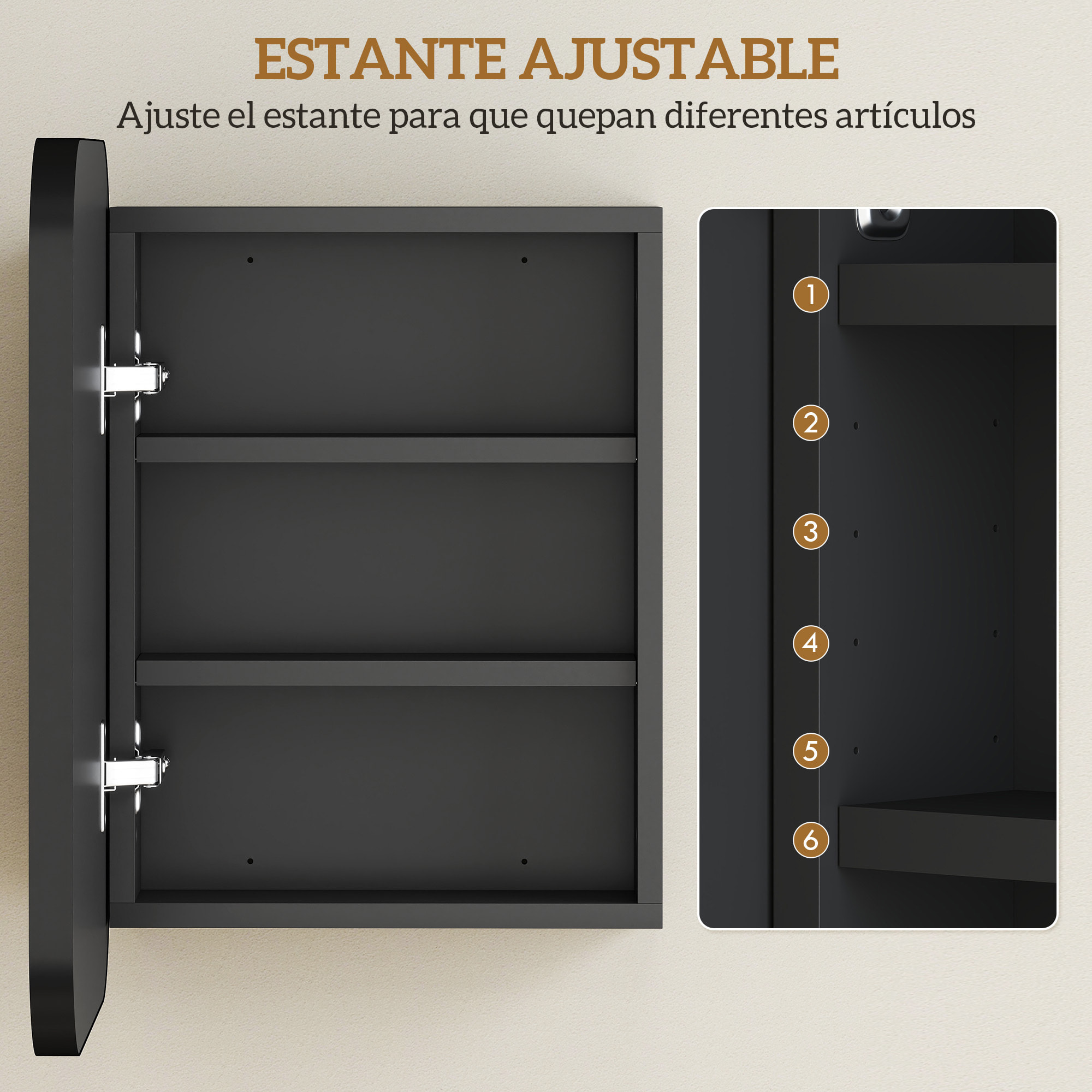 Armario de Baño con Espejo, Diseño con Bordes Curvados, Armario de Pared, Mueble de Baño Colgar, Estantes Ajustables, 40,2x10,2x50,9 cm, Negro